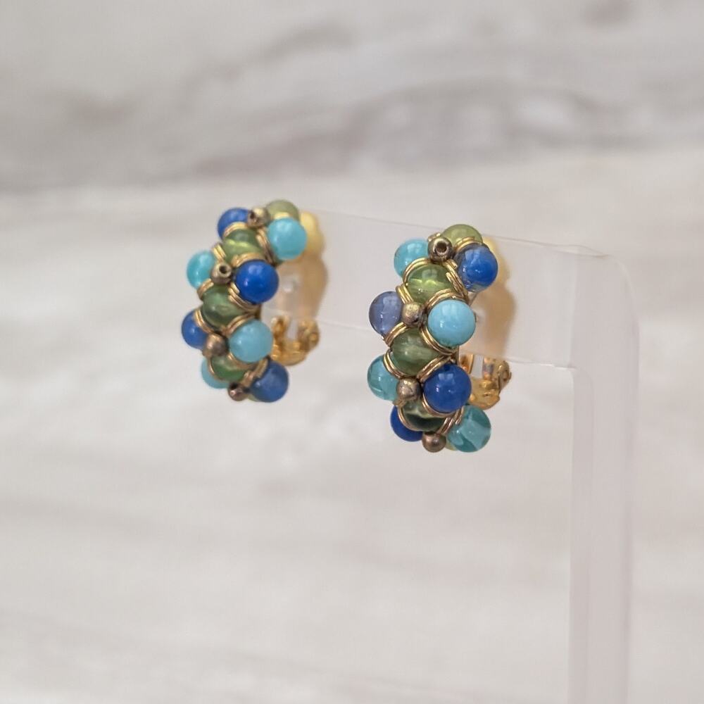 Vintage Clip On Earrings Large Chunky Beaded Half Hoop Green, Blue, Gold Tone